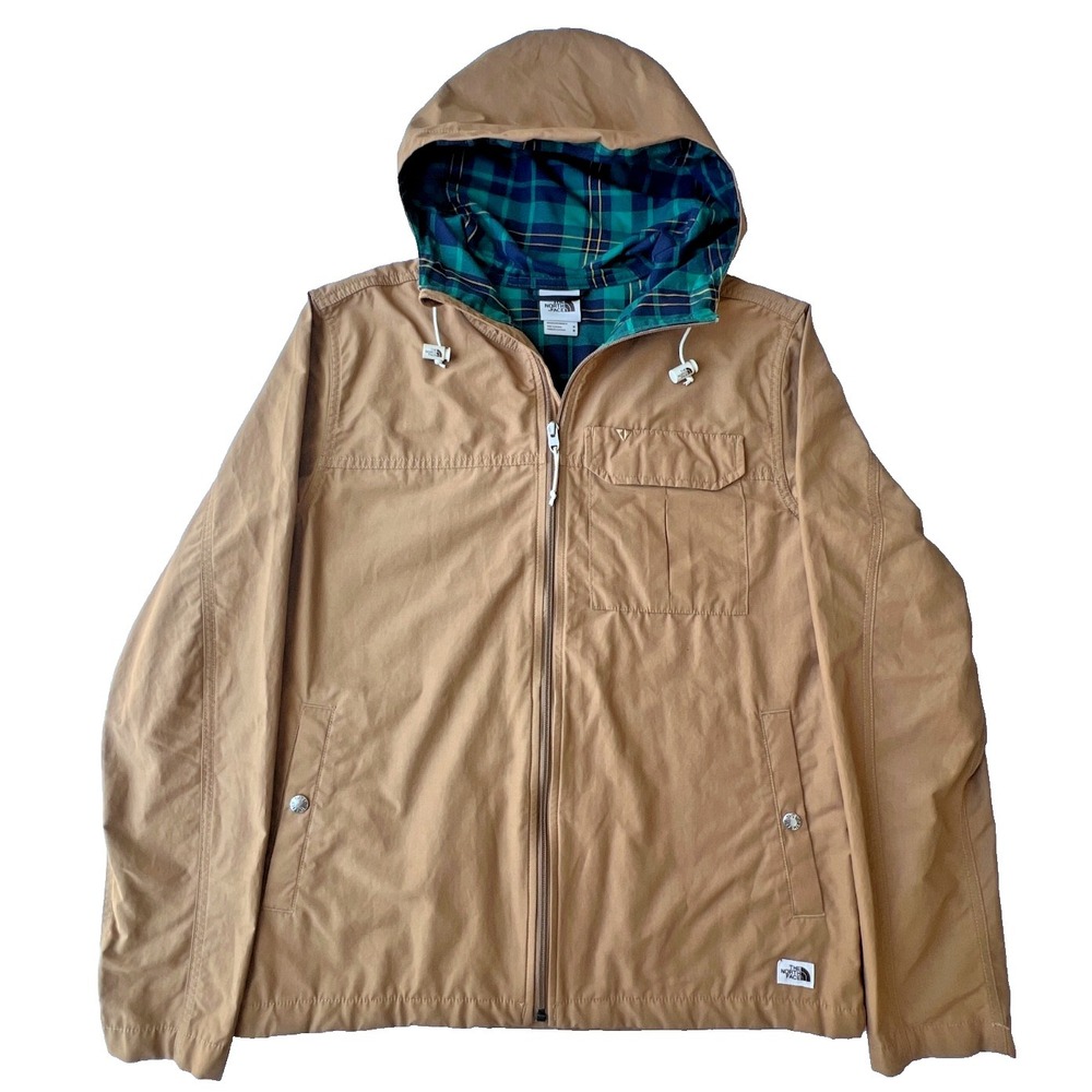 The North Face Jacket Fruitvale Mens Medium Full Zip Hooded Tan Brown Plaid Hood